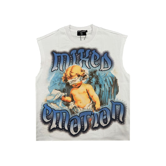 Mixed Emotion Blue Cupid Cut Off Tee White