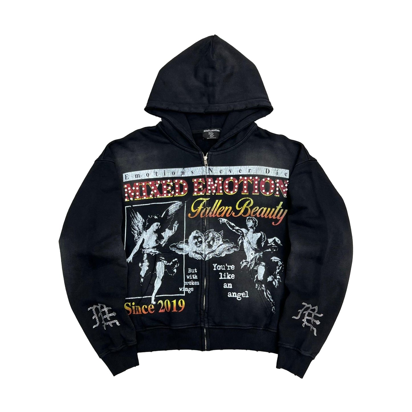 Mixed Emotion Broken Wings Zip Up Hoodie Black