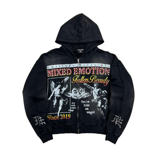 Mixed Emotion Broken Wings Zip Up Hoodie Black
