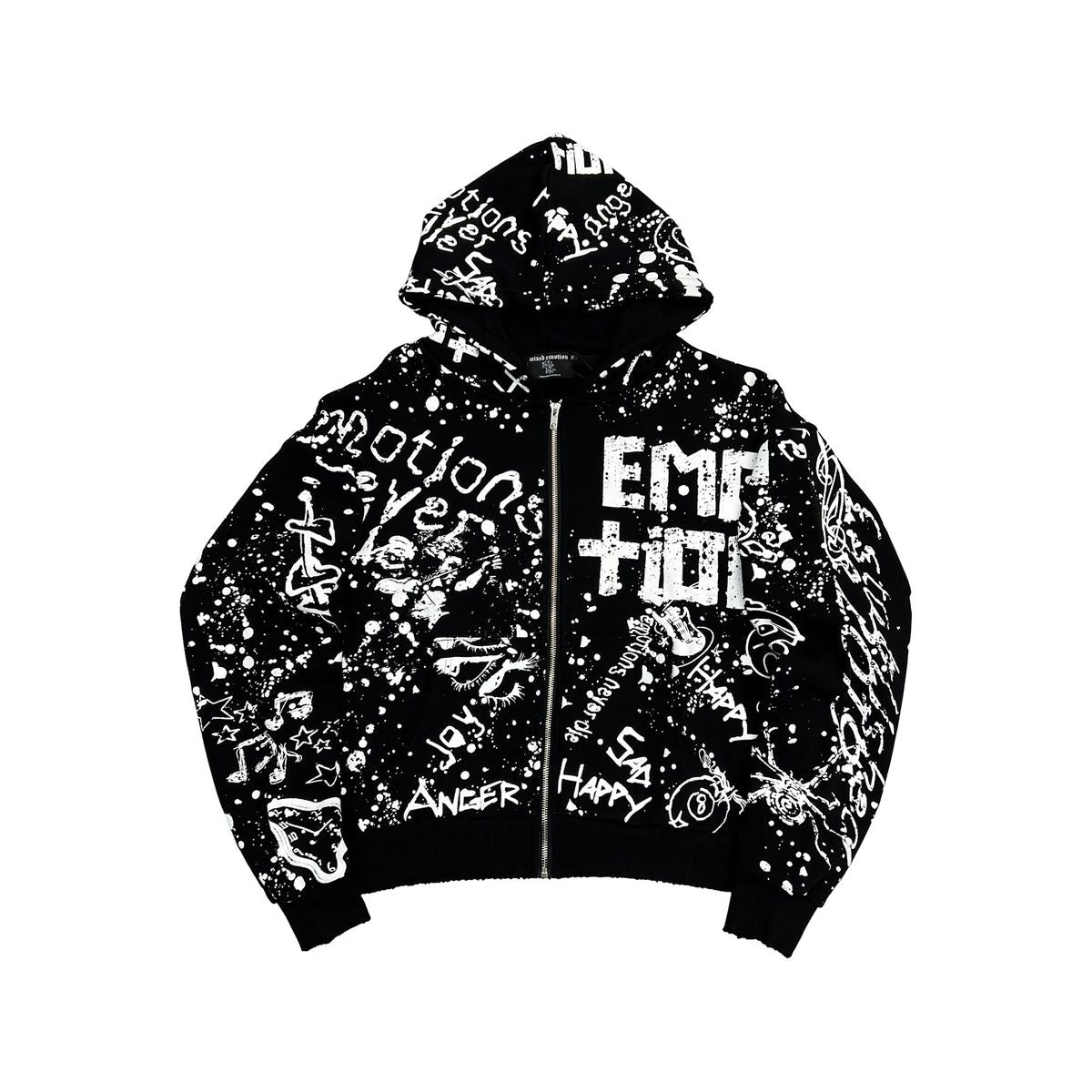 Mixed Emotion Graffiti Zip Up Hoodie Black