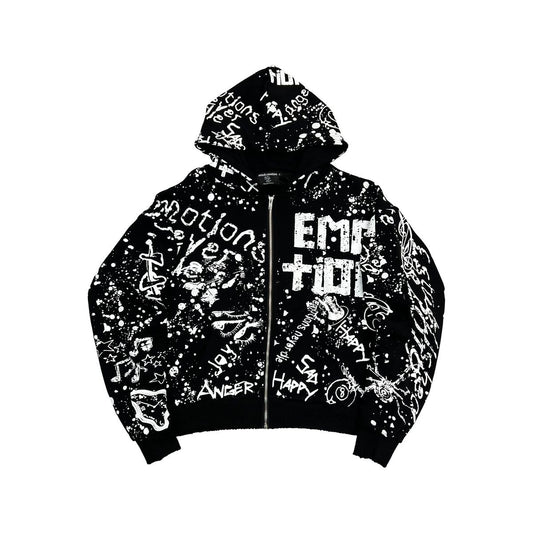 Mixed Emotion Graffiti Zip Up Hoodie Black