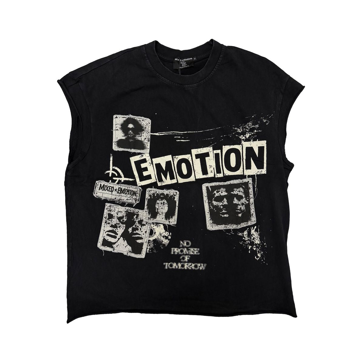 Mixed Emotion Newspaper Cut Off Tee Black