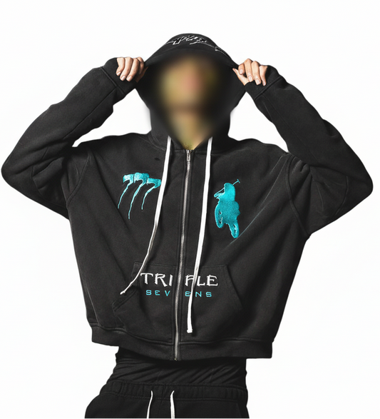 Triple Sevens Turquoise Moto Zip Up Hoodie Black