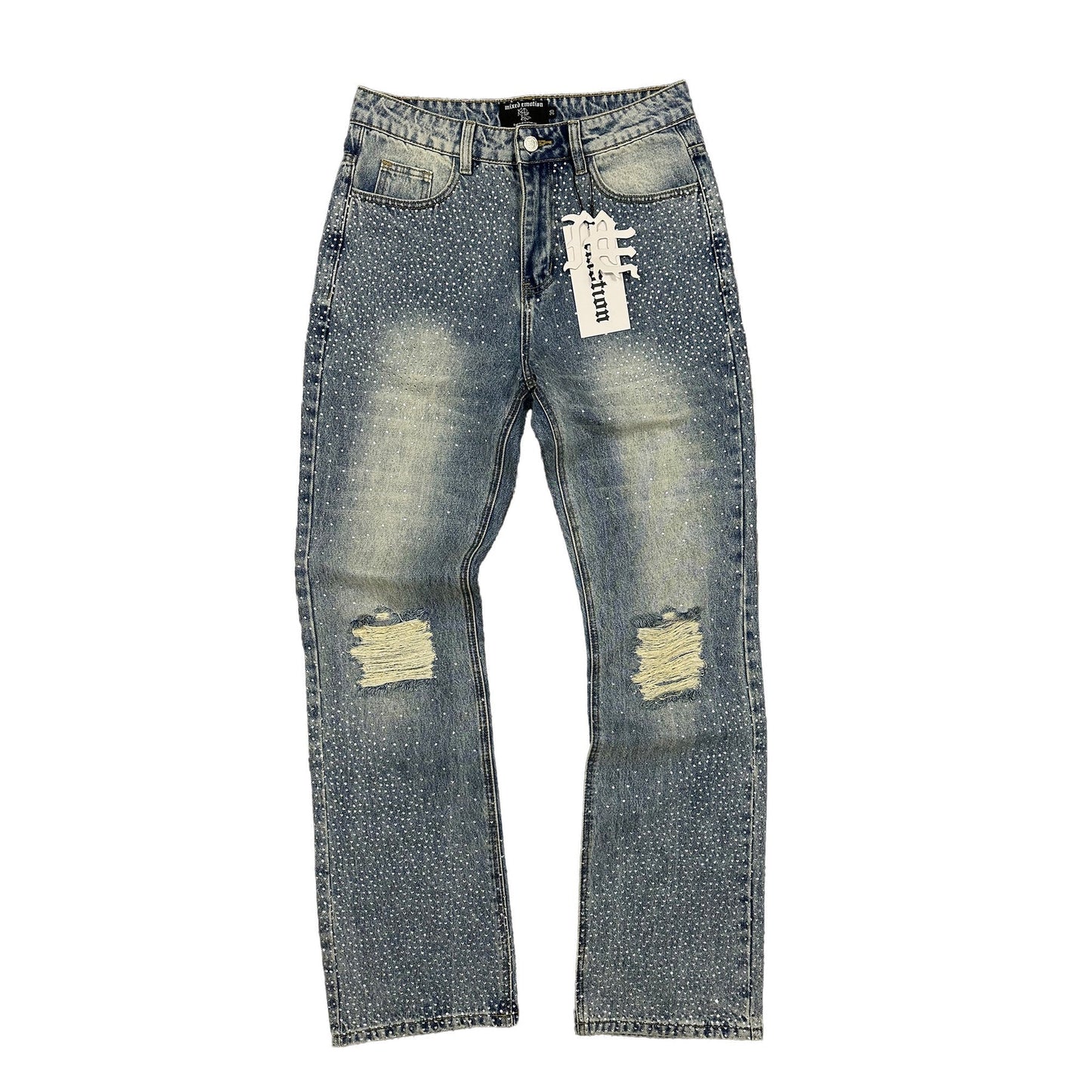 Mixed Emotion Rhinestone Baggy Jeans Blue
