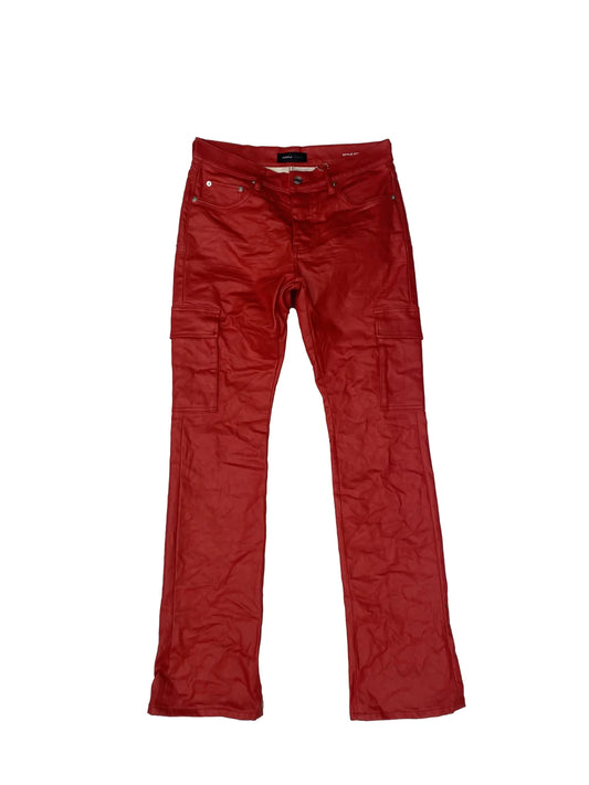 Purple Brand Red Patent Flim Cargo Flare Pants